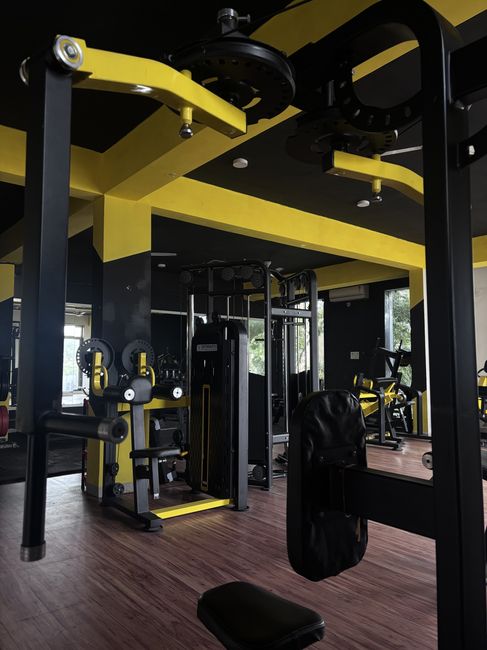 Custom yellow and black plate loaded machines aisle at Tathhastu Fitness Gym